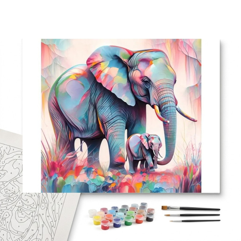 Contenu complet du kit peinture par numero Maman Éléphant et son Éléphanteau Arc-en-ciel
