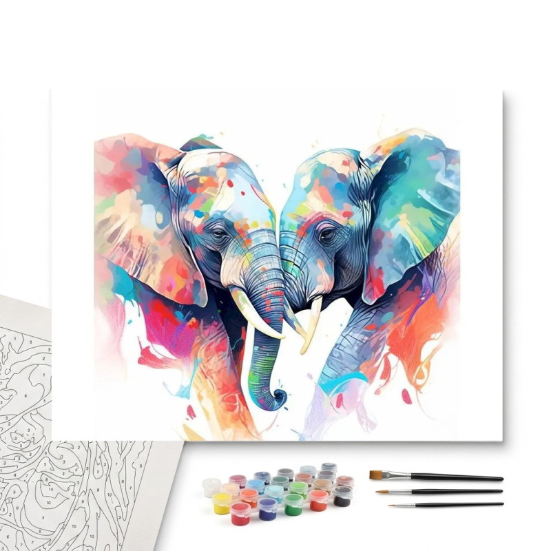 Contenu complet du kit peinture par numero Cœur d'Éléphants Aquarelle