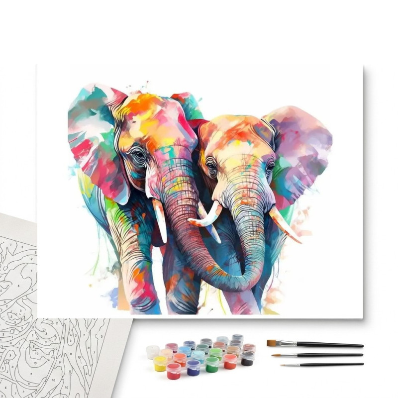 Contenu complet du kit peinture par numero Duo d'Éléphants Arc-en-ciel