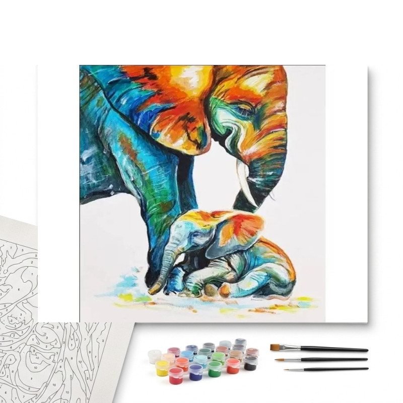 Contenu complet du kit peinture par numero Maman Éléphant et son Petit Amour Coloré