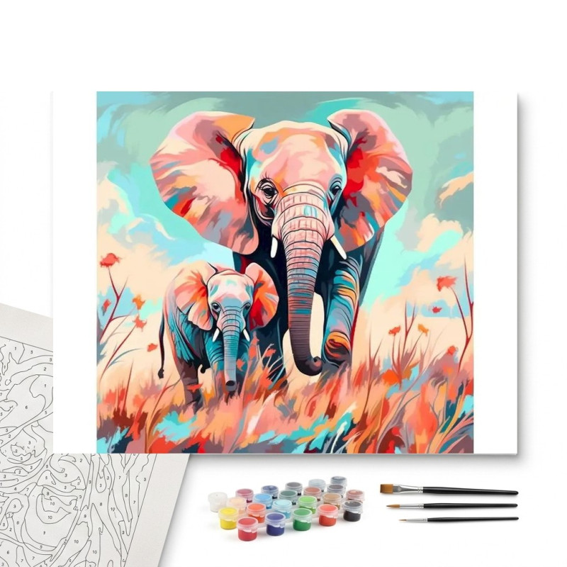 Contenu complet du kit peinture par numero Éléphants de la Savane Pop Art