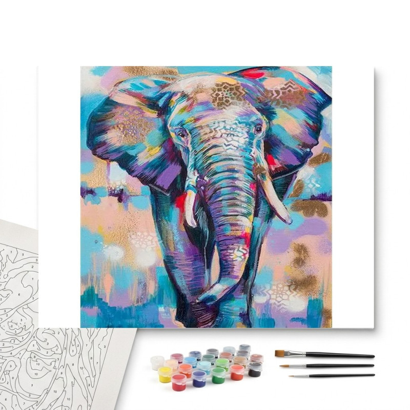 Contenu complet du kit peinture par numero Éléphant Abstrait aux Motifs Dorés