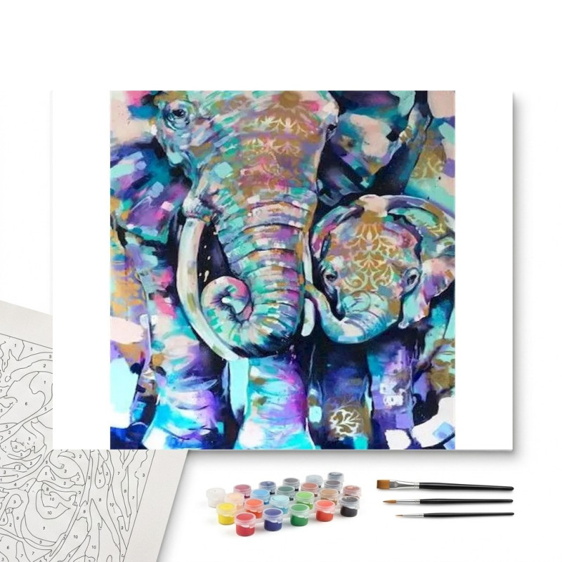 Contenu complet du kit peinture par numero Éléphants Sagesse Colorée