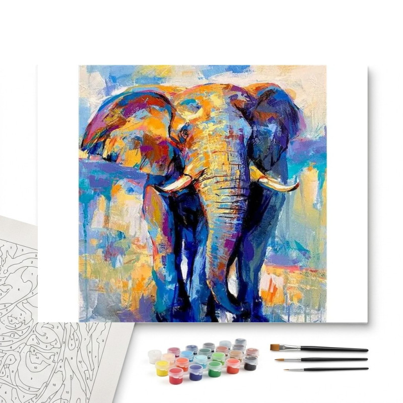 Contenu complet du kit peinture par numero Éléphant Le Colosse Coloré