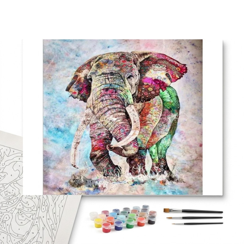 Contenu complet du kit peinture par numero Éléphant Mosaïque Sacrée