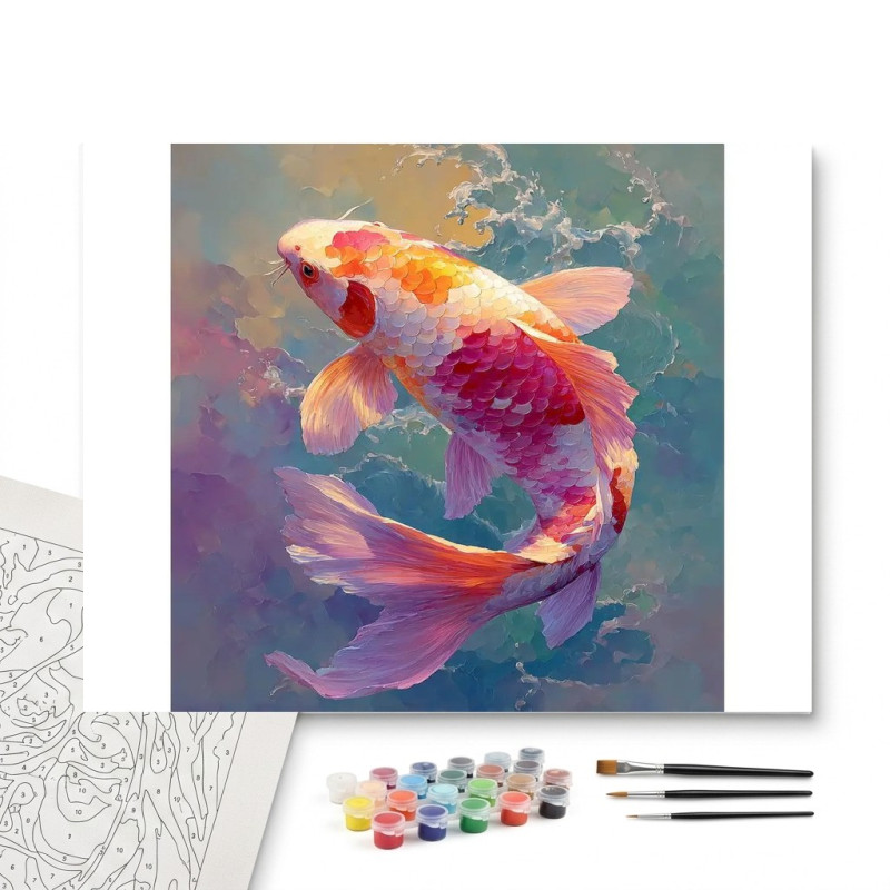 Contenu complet du kit peinture par numero Carpe Koï Nage Céleste