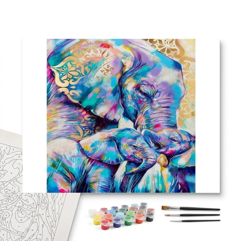 Contenu complet du kit peinture par numero Famille Éléphant Amour Orné