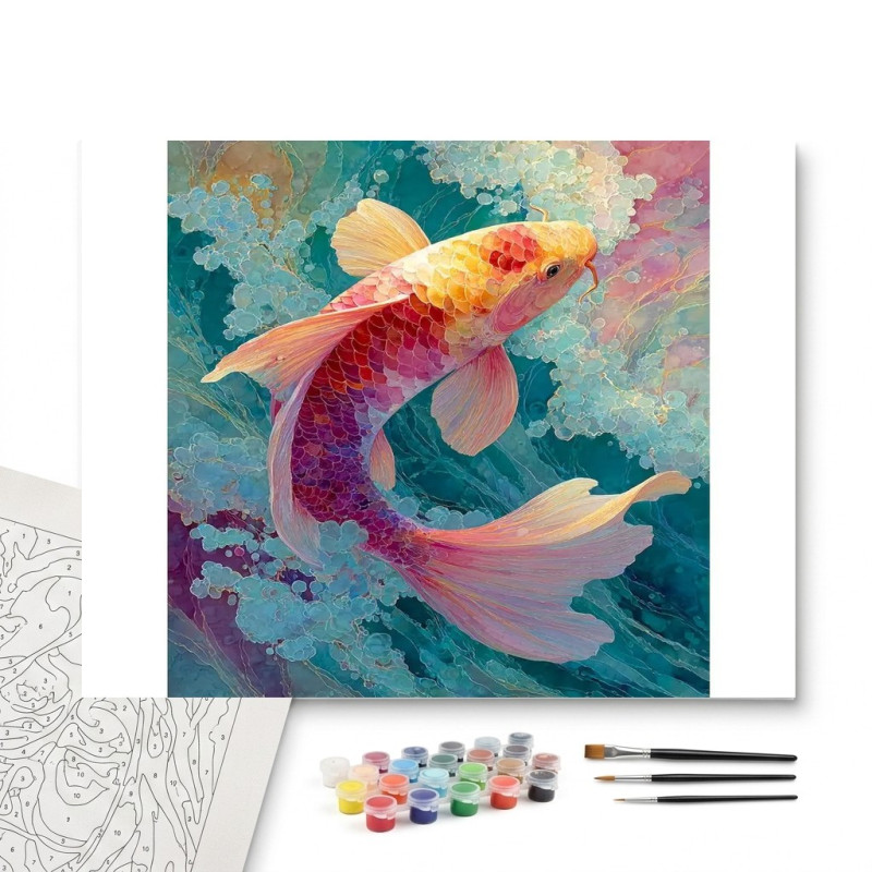 Contenu complet du kit peinture par numero Carpe Koï Vague de Couleurs