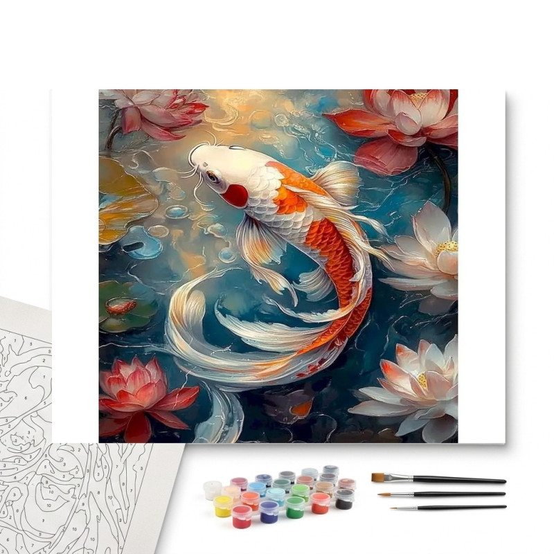 Contenu complet du kit peinture par numero Carpe Koï Sérénité du Bassin