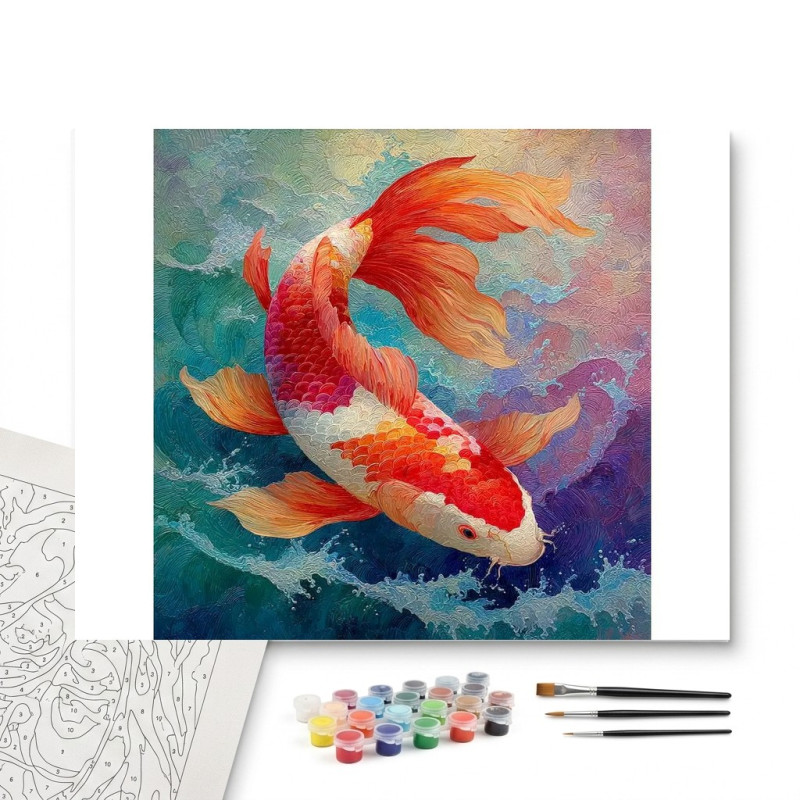 Contenu complet du kit peinture par numero Carpe Koï Danse Vibrante