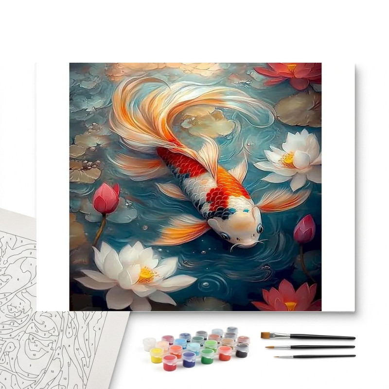 Contenu complet du kit peinture par numero Carpe Koï Ballet Aquatique