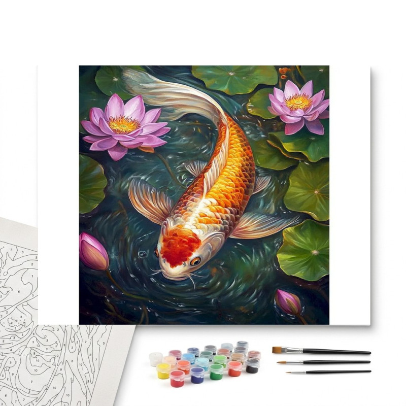 Contenu complet du kit peinture par numero Carpe Koï Jardin de Lotus
