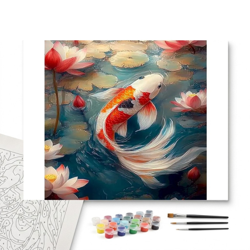 Contenu complet du kit peinture par numero Carpe Koï Danse des Lotus