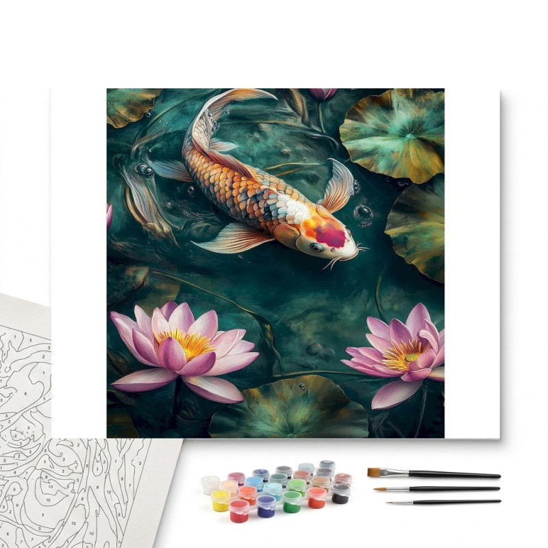 Contenu complet du kit peinture par numero Carpe Koï Nuit Sereine