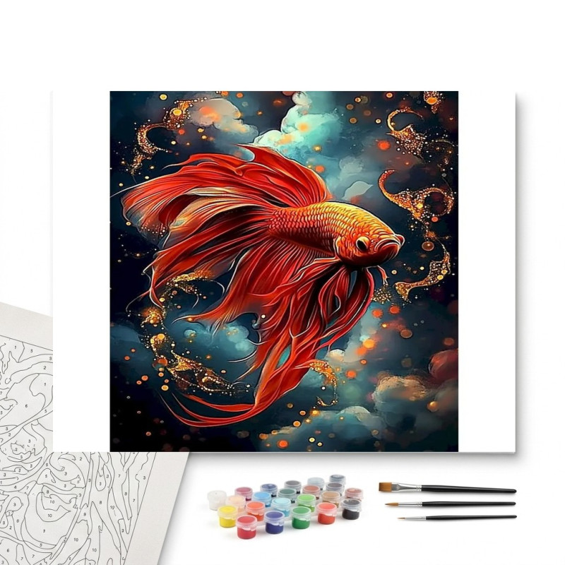 Contenu complet du kit peinture par numero Poisson Combattant Rêve Scintillant