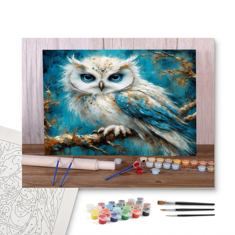 Contenu complet du kit peinture par numero Le Hibou des Neiges aux Yeux Saphir