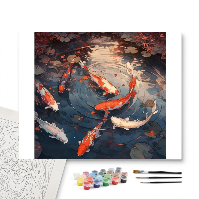 Contenu complet du kit peinture par numero Carpes Koï Danse en Cercle