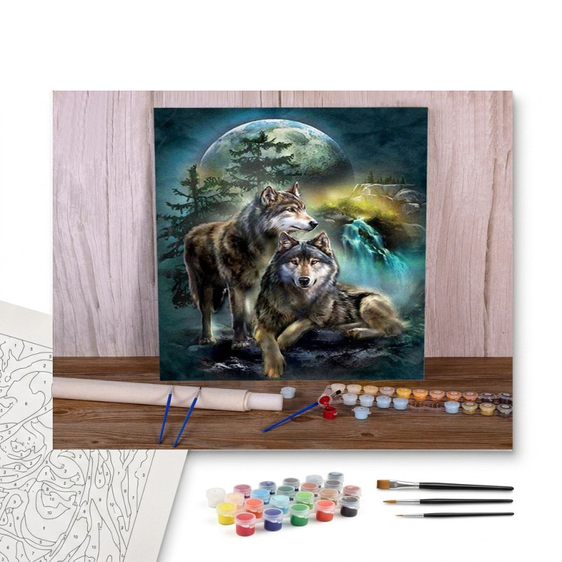 Contenu complet du kit peinture par numero Duo de Loups et Clair de Lune