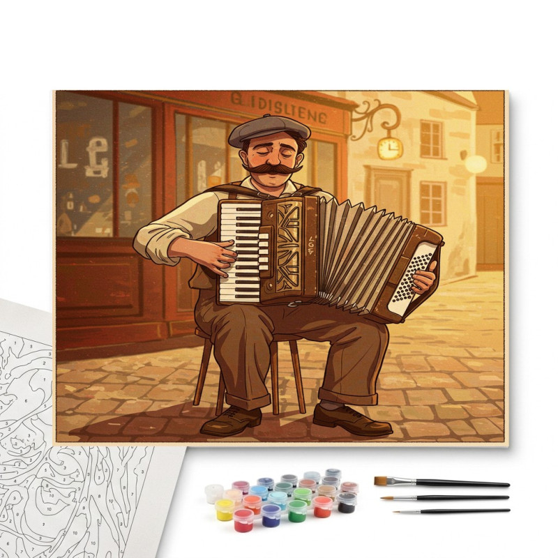 Contenu complet du kit peinture par numero L'Accordéoniste du Vieux Paris