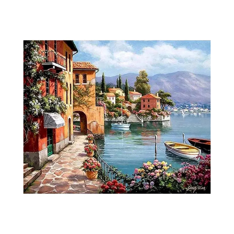 Résultat final de la peinture village méditerranéen au bord du lac.