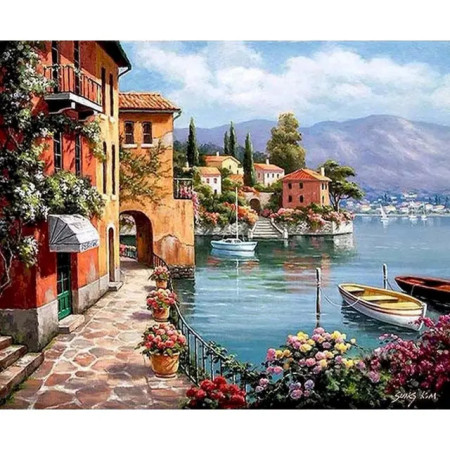 Village Méditerranéen : Bord de Lac Fleuri Peinture par Numéro Paysages