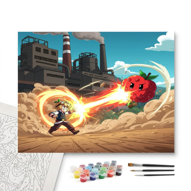 Contenu complet du kit peinture par numero Combat Manga Le Héros et la Framboise Géante