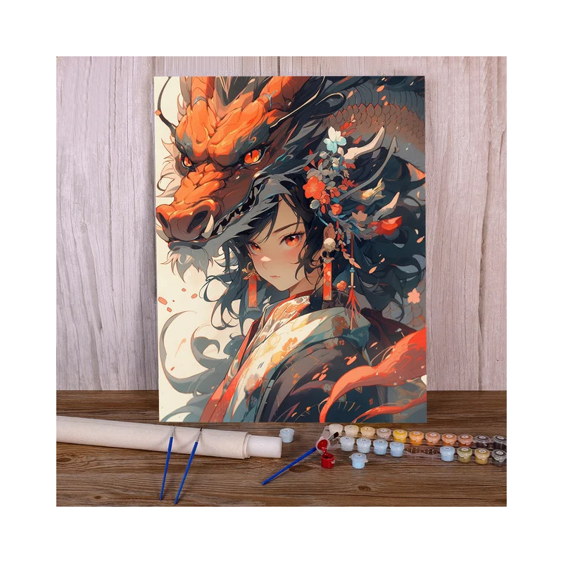 Résultat final de la peinture femme et dragon de feu.