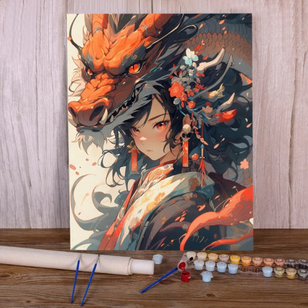 La Gardienne du Dragon de Feu : Style Anime Japonais Peinture Par Numéro Dragons