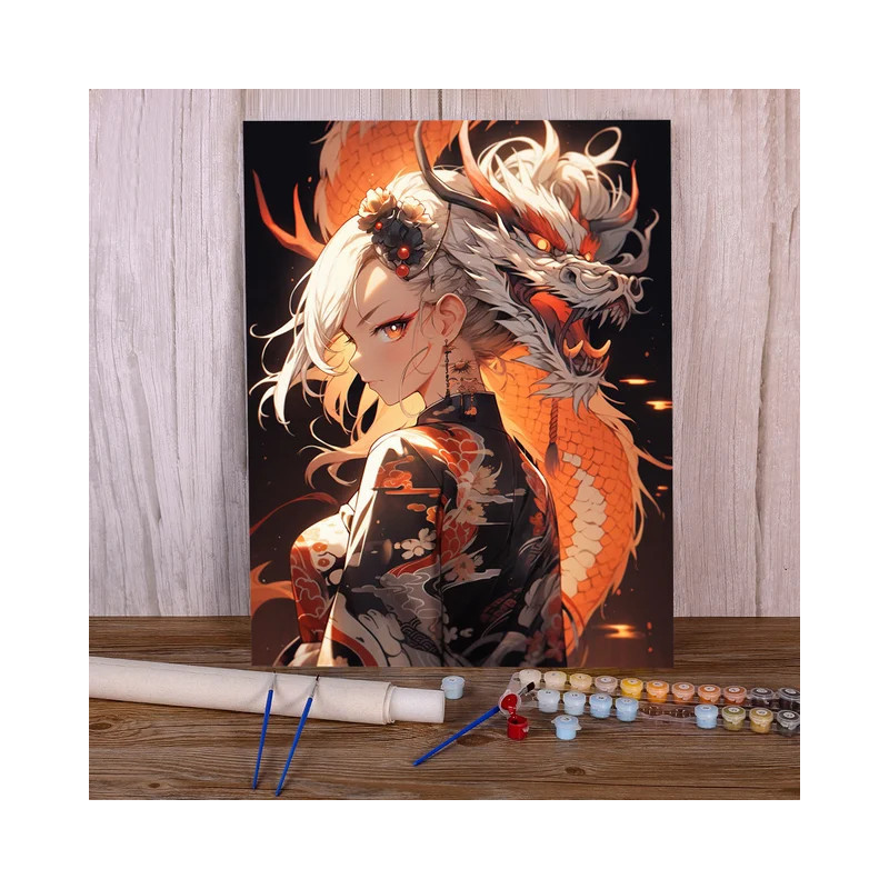 Résultat final de la peinture femme et dragon orange.