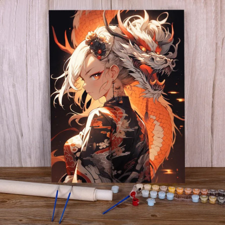 La Gardienne et son Dragon de Feu Orange : Style Anime Peinture Par Numéro Dragons