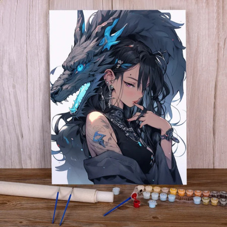 La Gardienne du Dragon Sombre : Style Anime Mystique Peinture Par Numéro Dragons