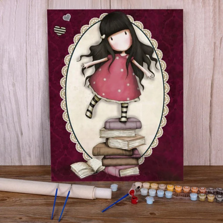 Gorjuss : La Petite Liseuse sur sa Pile de Livres Peinture Par Numéro Gorjuss