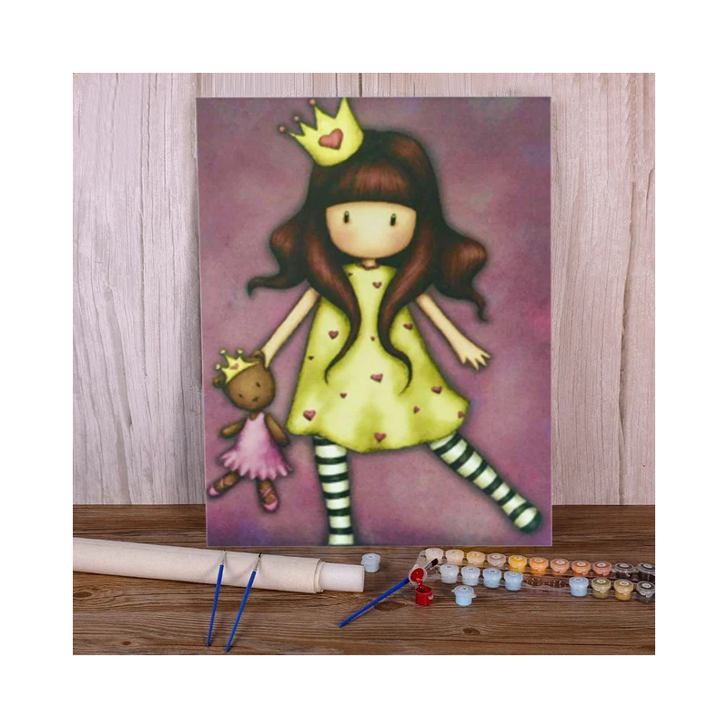 Résultat final de la peinture Gorjuss Princesse Brune et Ourson.