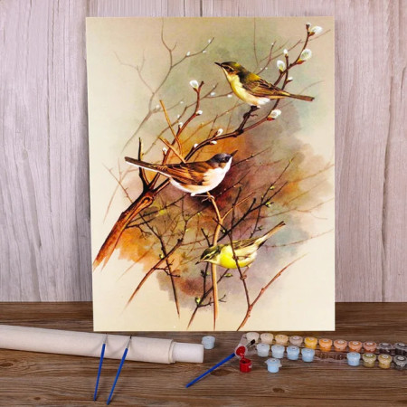 Trio de Roitelets sur Branches Bourgeonnantes Peinture Par Numéro Oiseaux