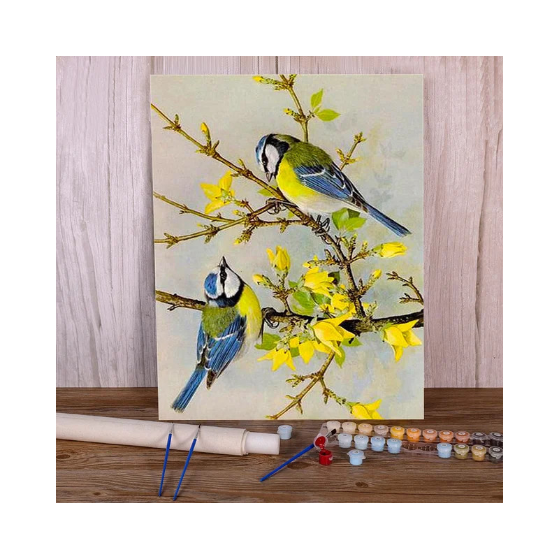 Resultat final du tableau Duo de Mésanges Bleues et Printemps Jaune