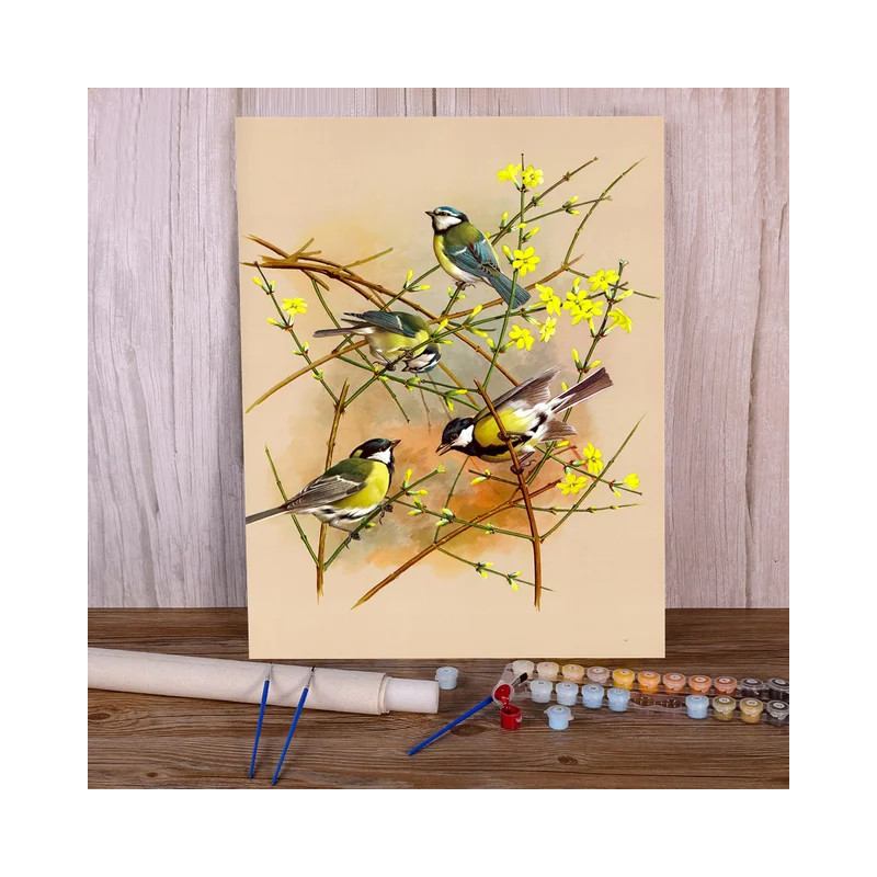 Resultat final du tableau Quatuor de Mésanges : Le Printemps en Fleurs Jaunes