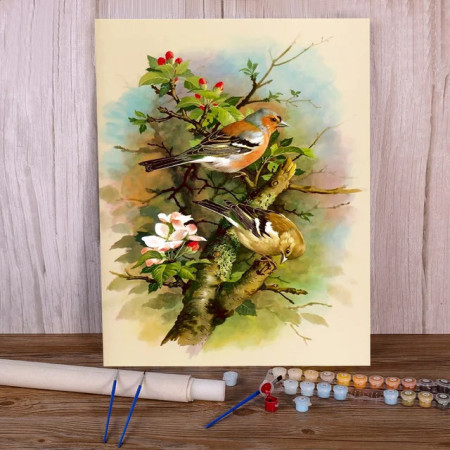 Pinsons des Bois et Branche de Cerisier : Douceur du Jardin Peinture Par Numéro Oiseaux