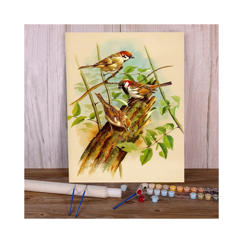 Résultat final de la peinture trio de moineaux au jardin.