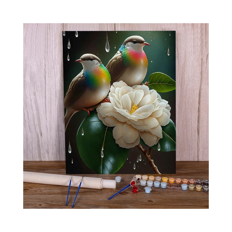 Resultat final du tableau Duo d'Oiseaux Arc-en-Ciel sur Fleur Blanche