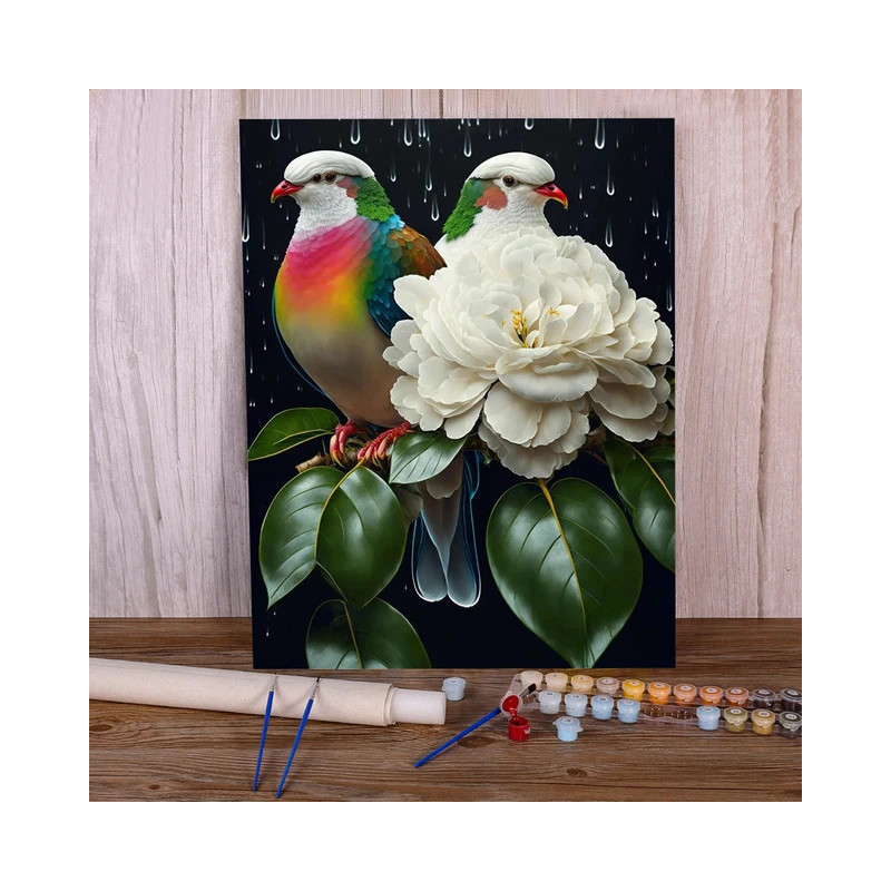 Résultat final de la peinture par numéro Duo d'Oiseaux et Pivoine