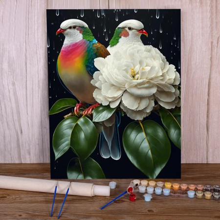 Duo d'Oiseaux & Pivoine de Nacre Peinture Par Numéro Oiseaux