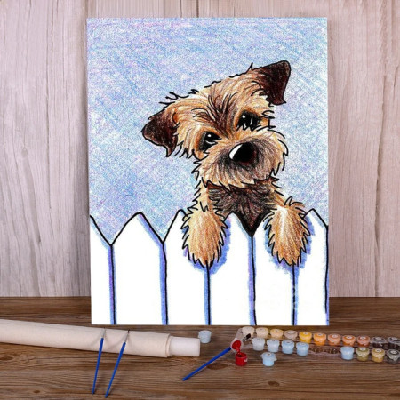 Petit Chien Curieux derrière sa Barrière Peinture Par Numéros Chiens