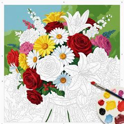 Kit de peinture par numéro représentant un bouquet de fleurs coloré