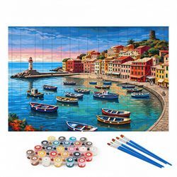 Kit de peinture par numéro représentant un paysage de nature avec montagne et lac