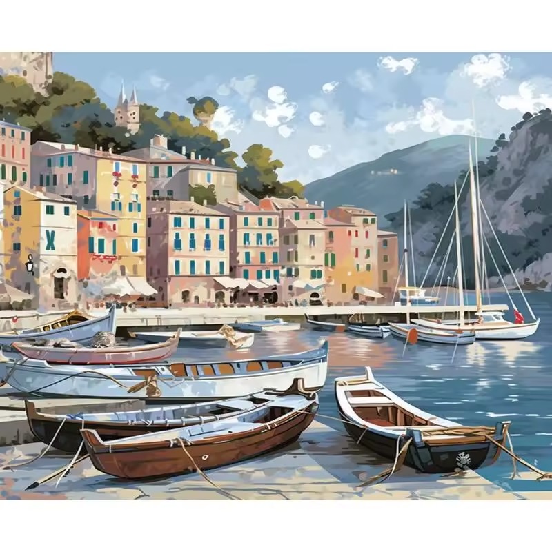 Peinture par Numéros - Port Italien avec Voiliers et Barques