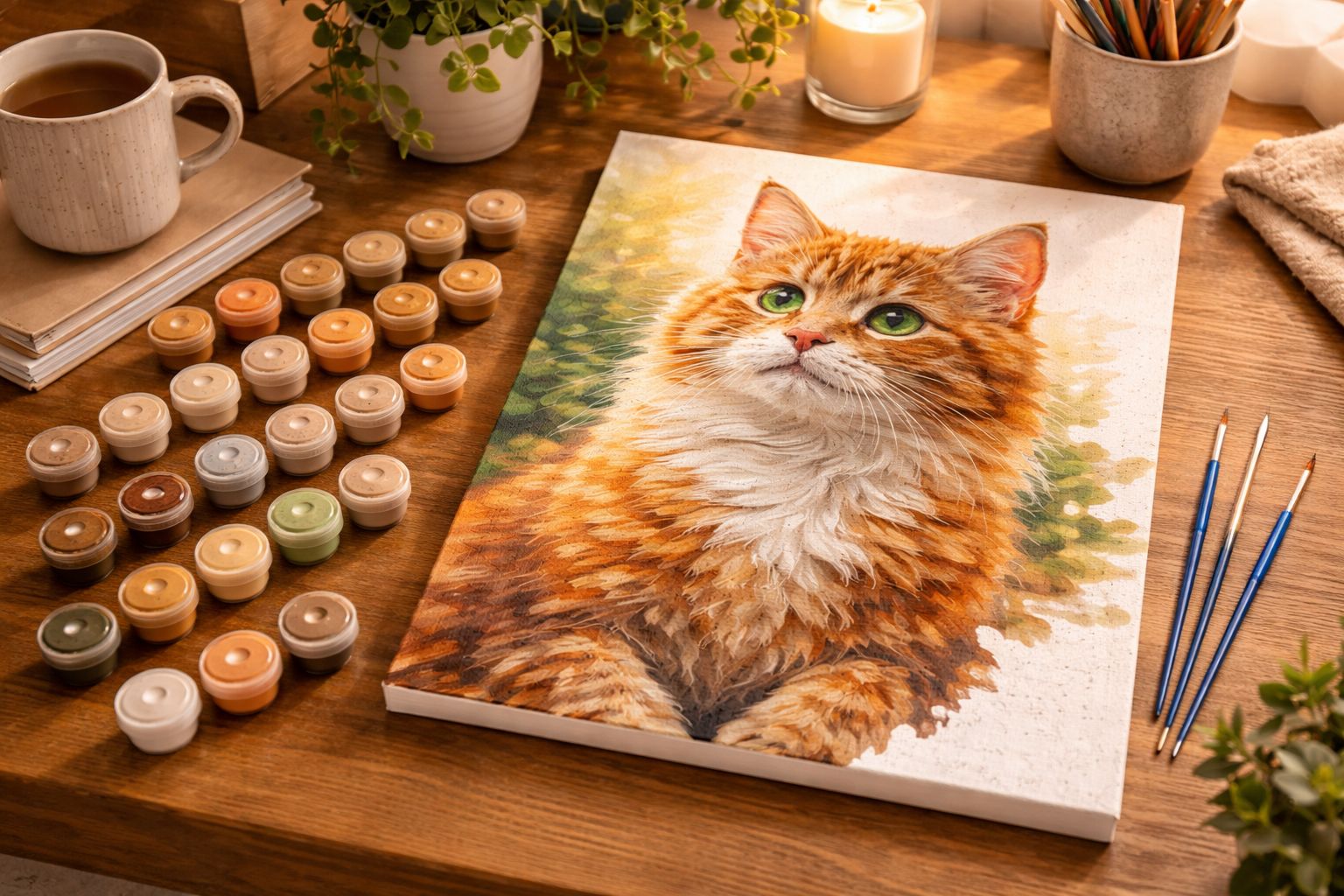Kit complet de peinture par numéro d'un chat roux duveteux, avec des pots de peinture acrylique et des pinceaux sur un bureau en bois