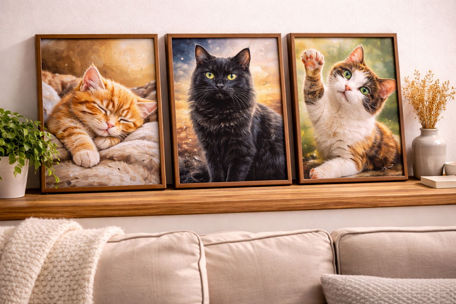 Collection de toiles de peinture par numéro encadrées représentant divers chats mignons dans un salon confortable