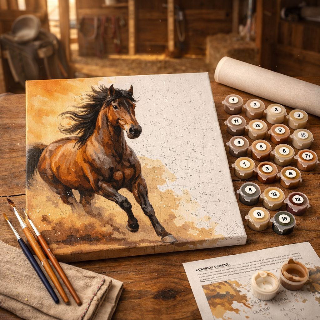 Kit complet de peinture par numéro d'un cheval sauvage au galop, avec pots de peinture acrylique aux tons naturels et pinceaux sur une table en bois rustique