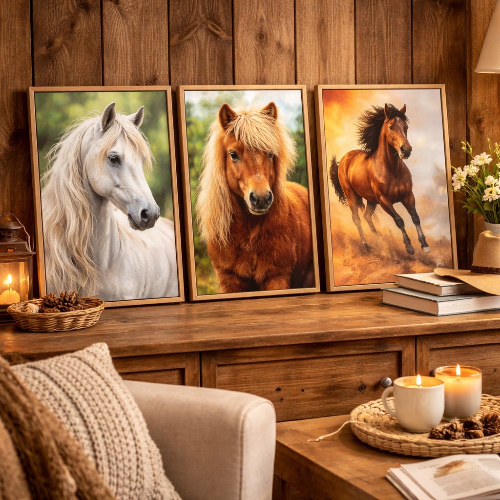 Collection de toiles de peinture par numéro encadrées avec différents chevaux et poneys dans un salon au style campagne chic