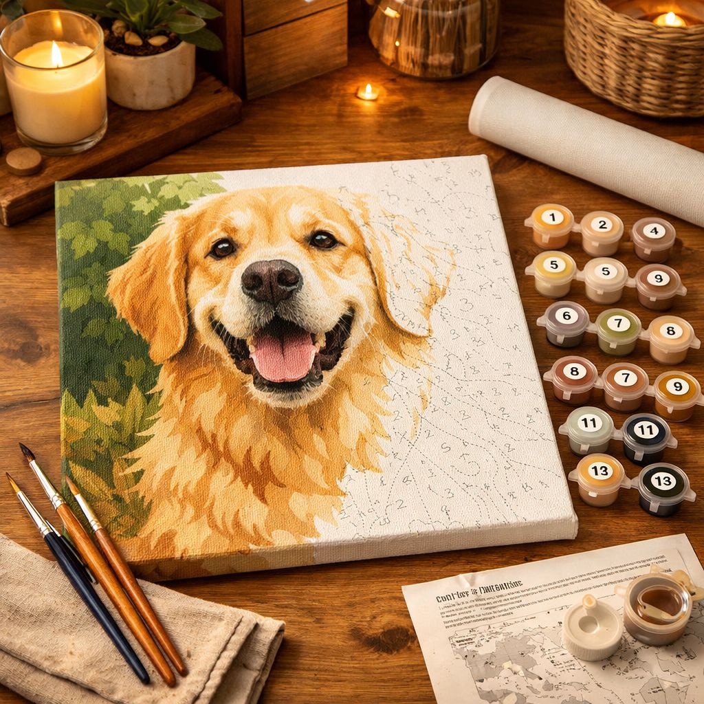 Kit complet de peinture par numéro d'un chien Golden Retriever heureux, avec pots de peinture acrylique et pinceaux sur un bureau en bois